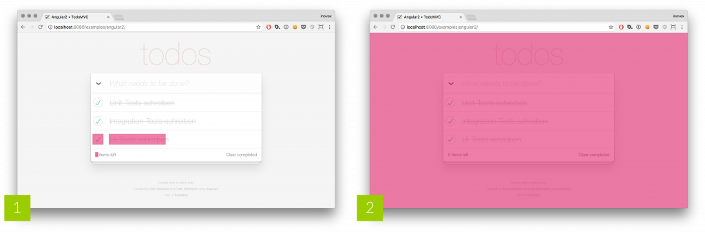 Abbildung: Testabdeckungen: [1] DOM-basierte UI-Test, [2] visueller Regressionstest