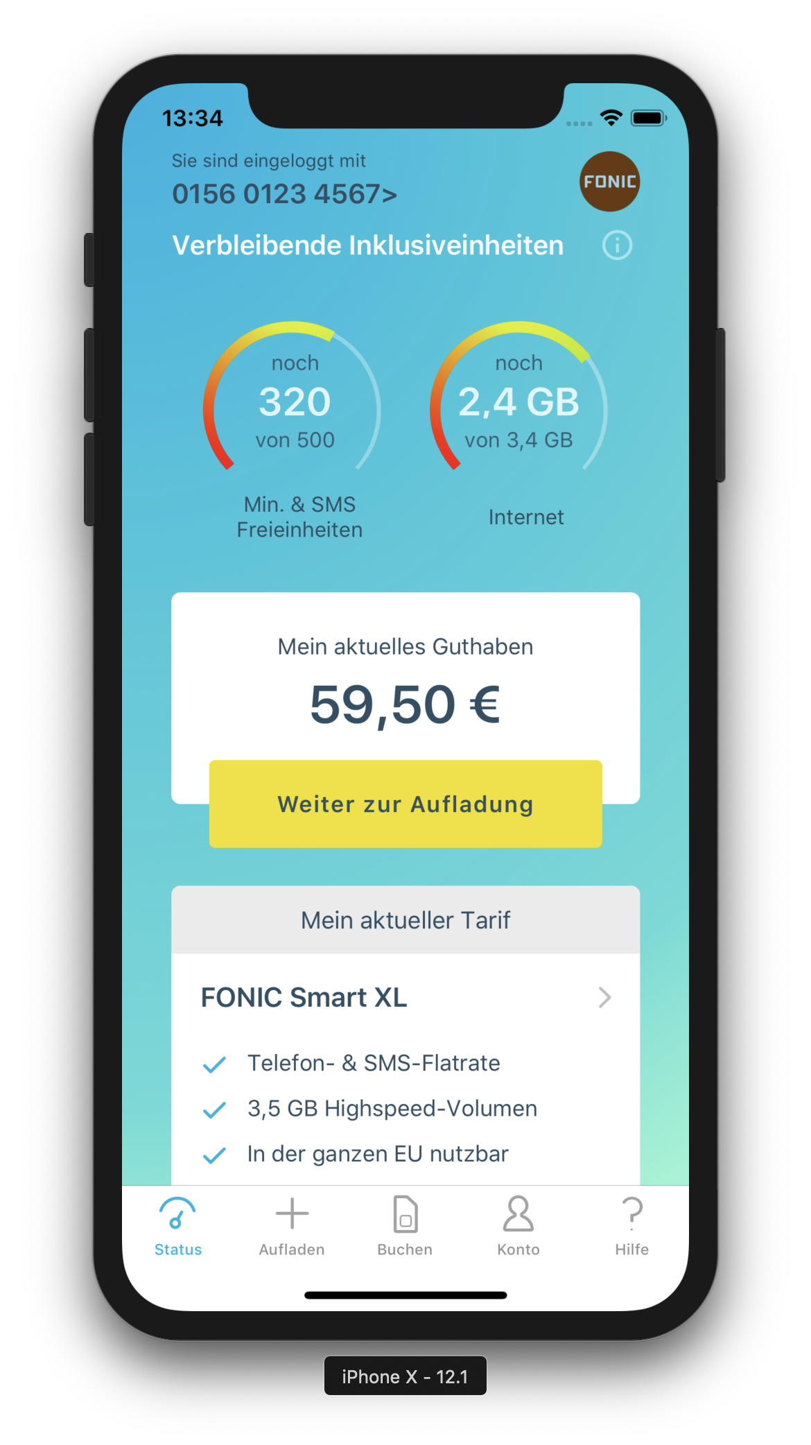 Ein iPhone X mit geöffneter Fonic-App, die die verbleibenden Inklusiveinheiten anzeigt