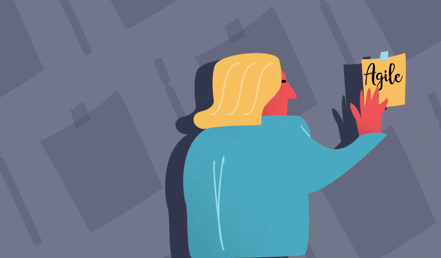 Ein Scrum-Trainer und sein Schatten platzieren ein Postit