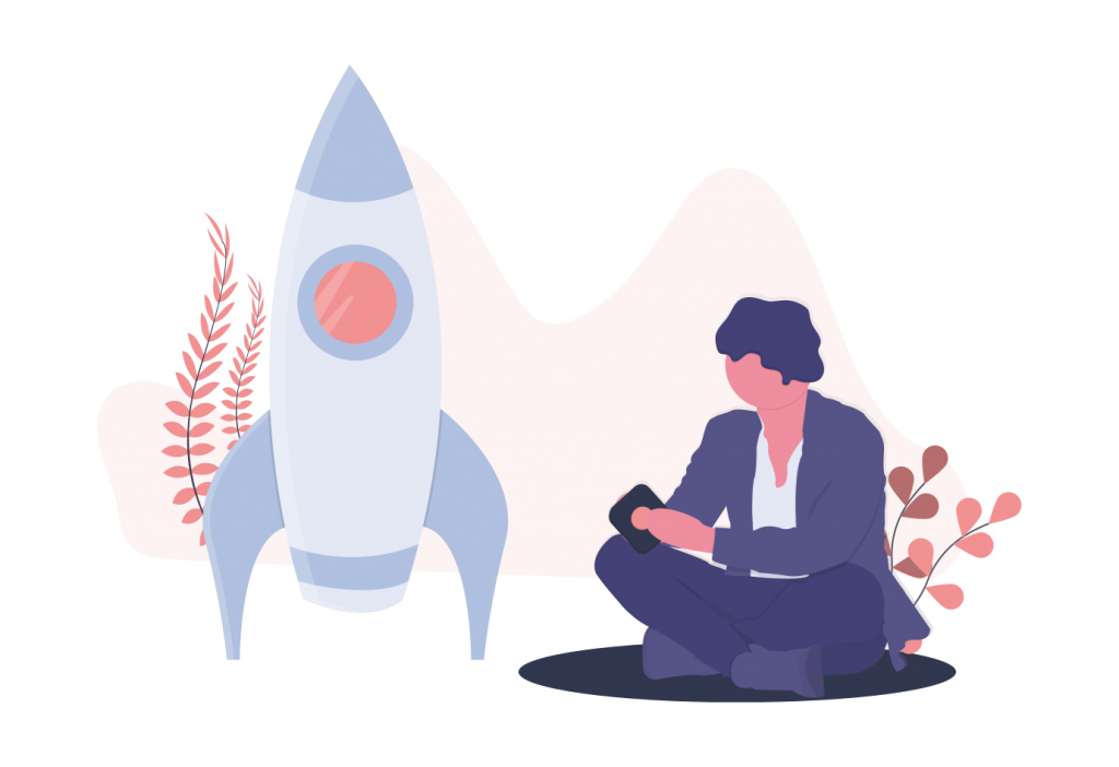Illustration: Mann vor Rakete