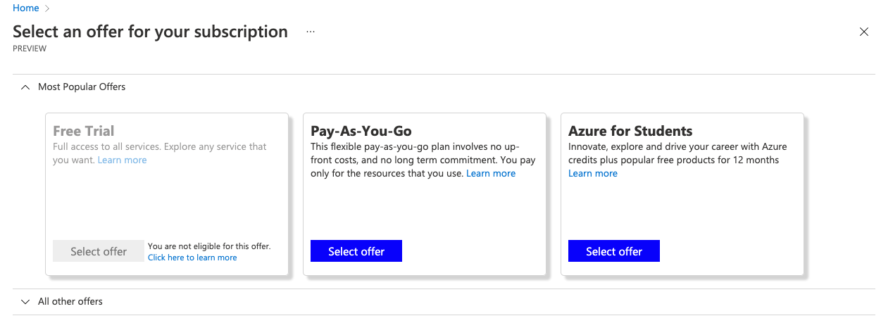 Screenshot of Azure Subscription Offers