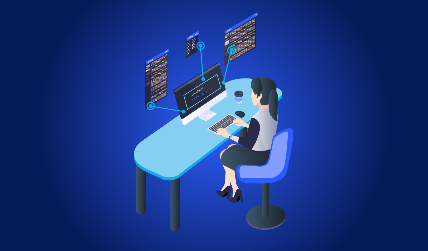 Graphic: Woman sitting at desk with a computer typing in a calculator.