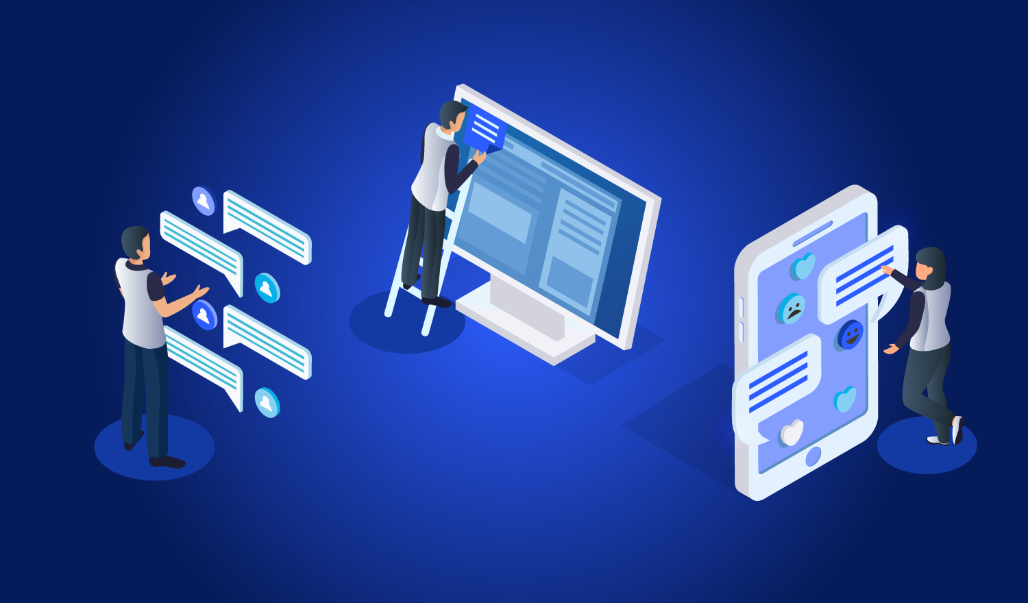Illustration mehrere Personen beim Testen und Bewerten digitaler Lösungen