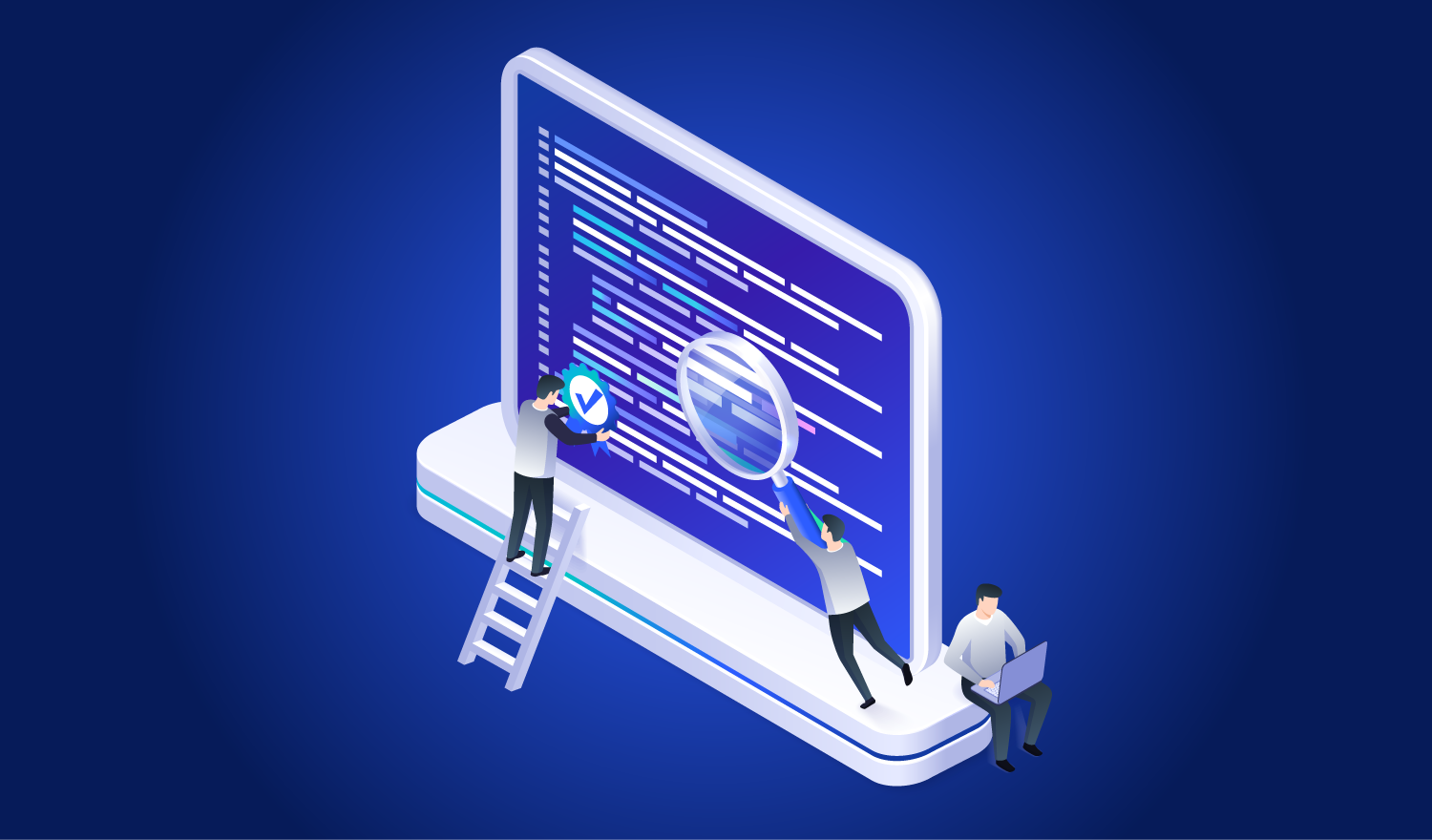 Illustration eines IT-Security Assessments: Drei Personen arbeiten zusammen, während eine Person Code mit einer Lupe überprüft, eine andere auf einer Leiter steht und eine dritte am Laptop sitzt.
