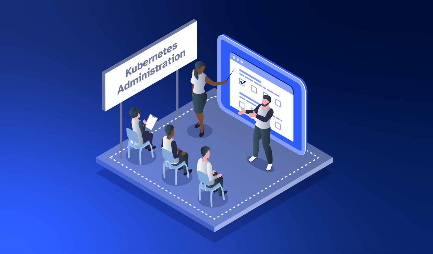 Eine Gruppe an Menschen sitzt in einer Stuhlreihe vor zwei Personen, die eine Präsentation zum Thema Kubernetes Administration halten.