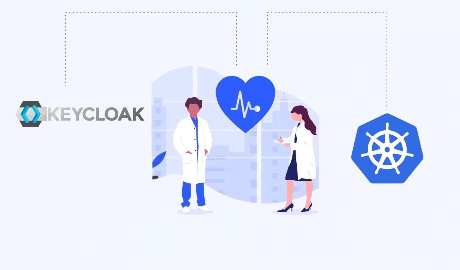 Kubernetes-logo and keycloak-logo are connected to heart with heartbeat that is placed between two people in white coats
