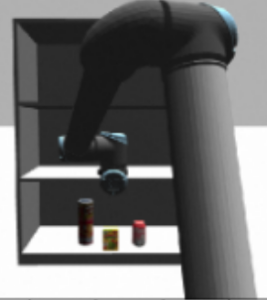 Robot arm in front of a shelf with three items