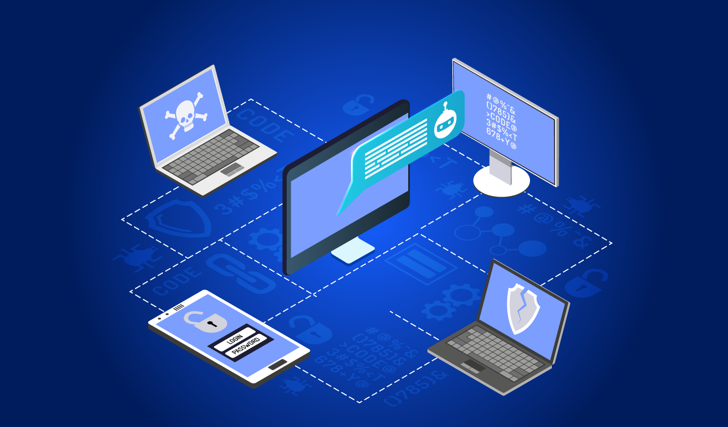 Grafik: Bildschirme, Laptops und ein Tablet sind miteinander verbunden.