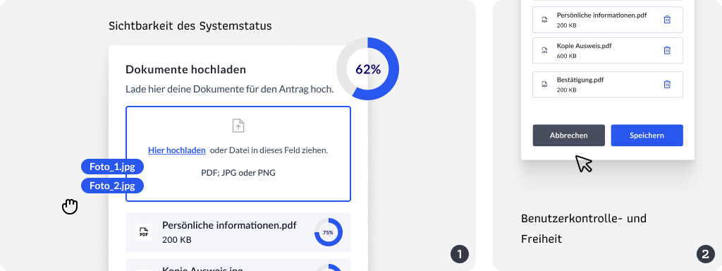 Abbildung 1 zeigt einen Dokumentenupload mit einer Visualisierung des Status des Uploads (Sichtbarkeit des Systemstatus) in einem Fortschrittskreis Abbildung 2 zeigt die Option zur Speicherung und Abbruch des Dokumentenuploads (Benutzerkontrolle- und Freiheit)