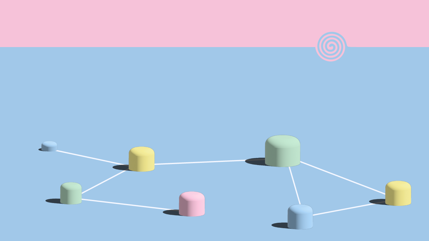 Several pastel colored intermeshed blobs on blue base with a pink sky