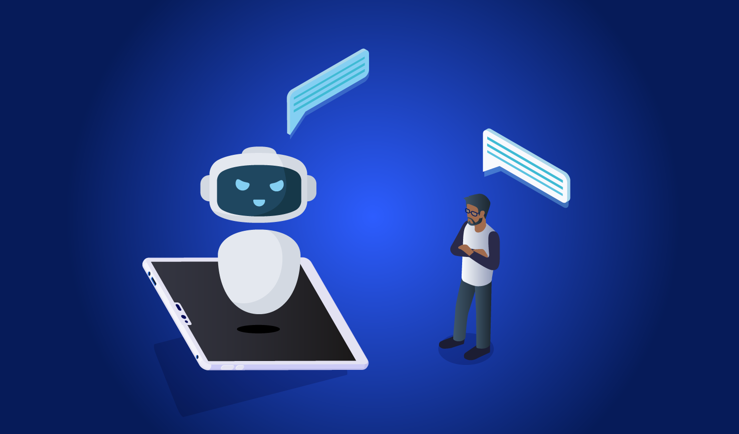 Grafik: Ein Mann spricht mit einem Chatbot.