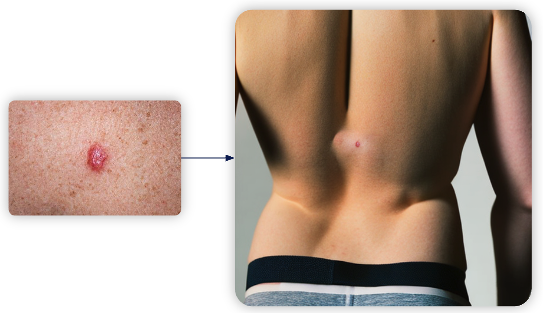 Based on a close up of a skin cancer, an image of the back of a person was generated that includes the skin cancer