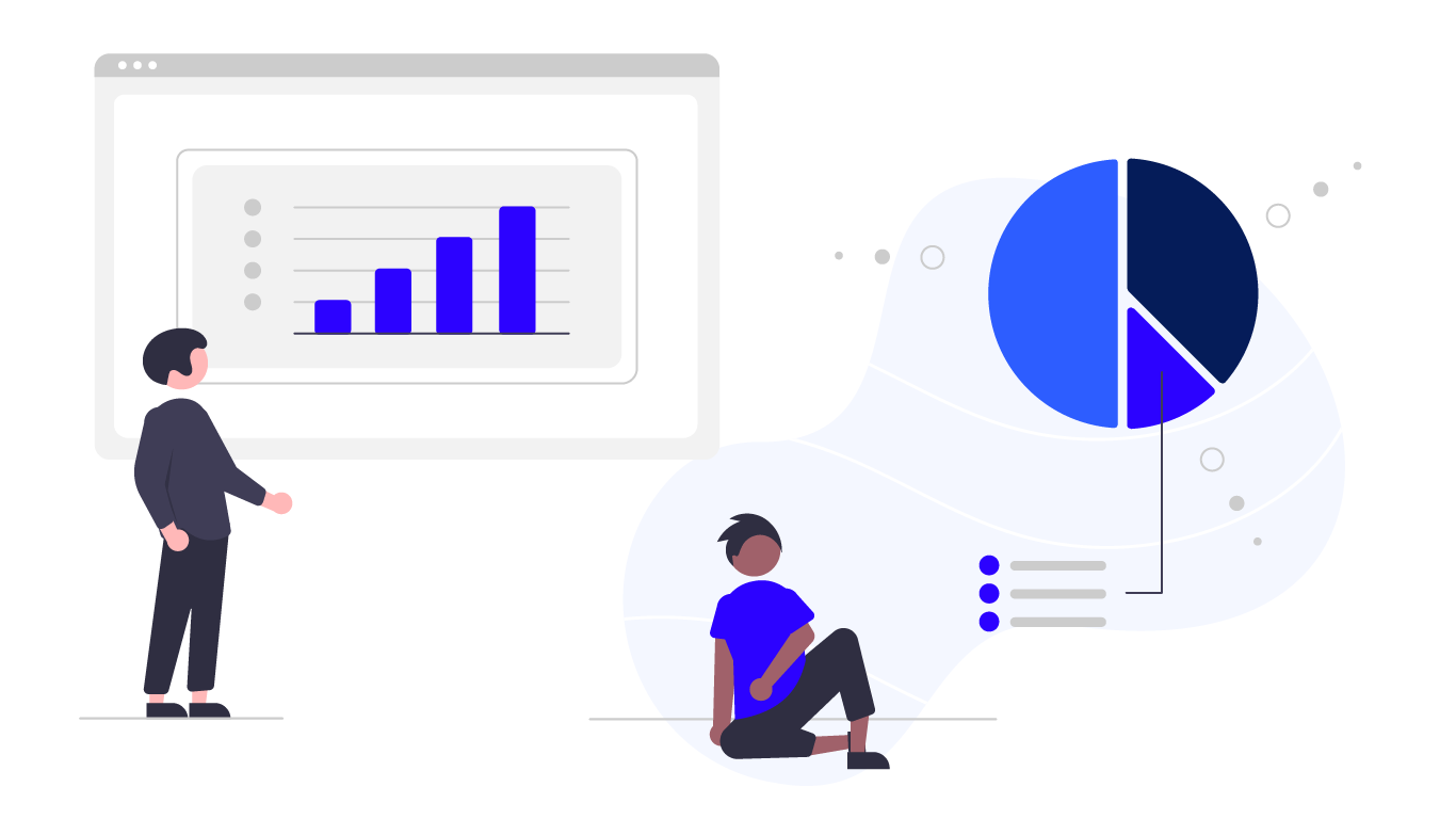 Illustration: ein Data Engineer sitzt auf dem Boden und überlegt sich eine Visualisierung während ein Kunde auf das Business Intelligence Dashboard blickt