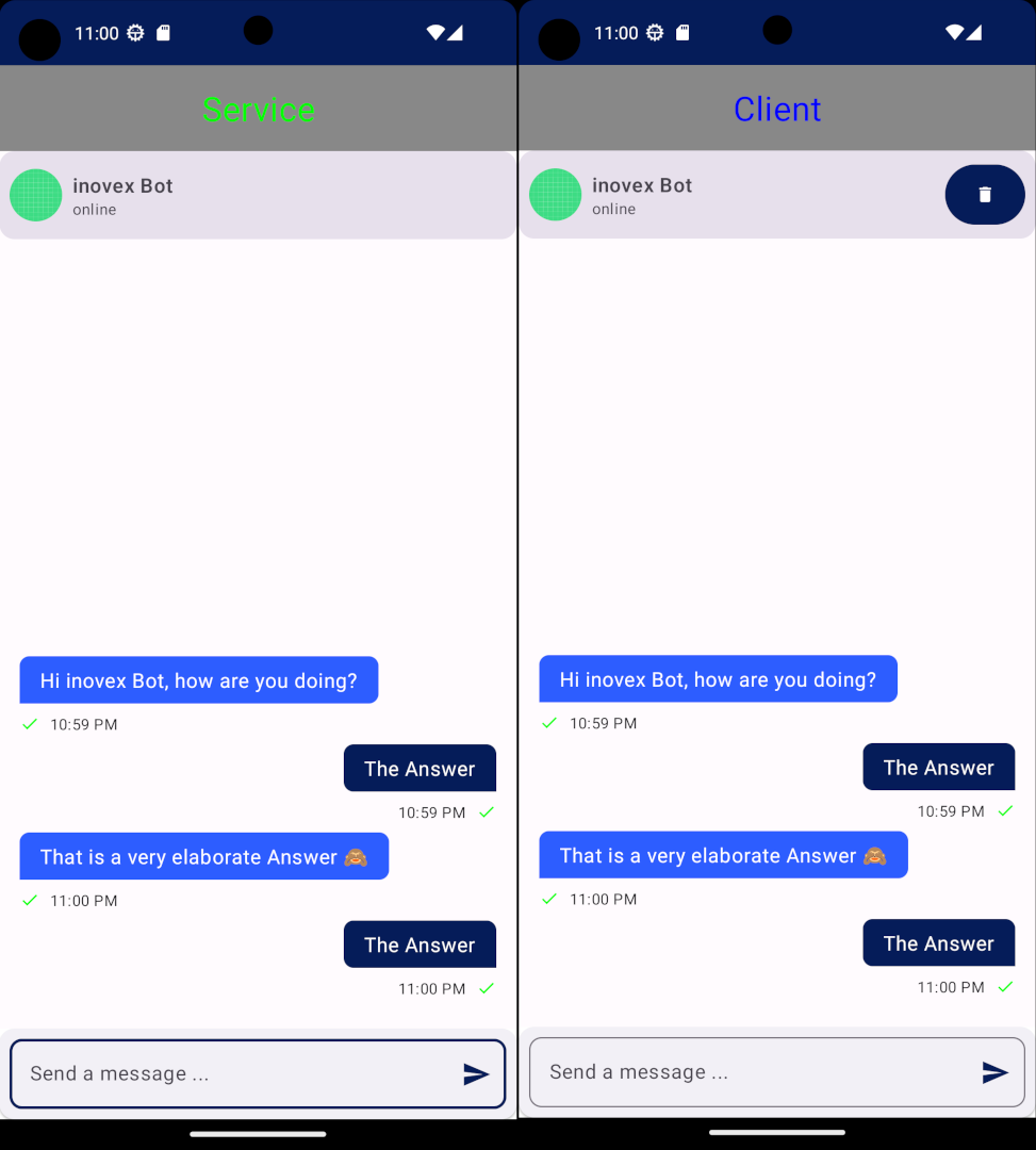 Shows both apps for our demo, both with a basic chat dialog containing the same messages.