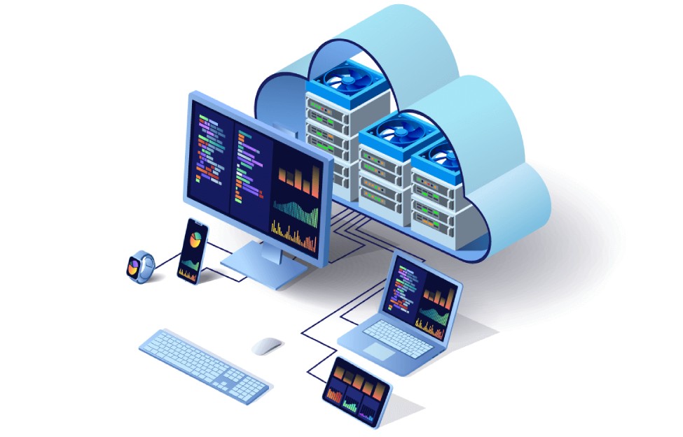 Wolke mit Servern, an die verschiedene digitale Geräte über Kabel oder Bluethooth verbunden sind