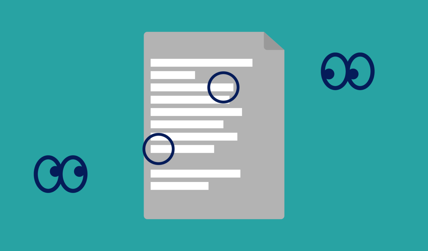 A grey paper on sea green background with circles marking certain positions in the text. Two sets of eyes oggling the paper.