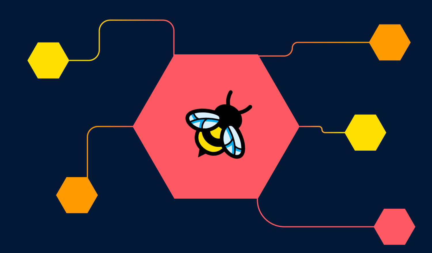 The eBPF bee in a honeycomb illustration connected to other honeycombs like a network