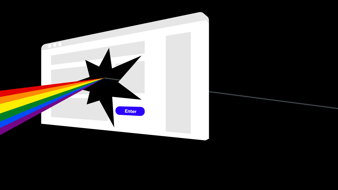 A rainbow hitting a website and being focused into a white ray