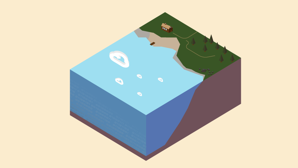 Isometric illustration of a data lake with google clouds floating above