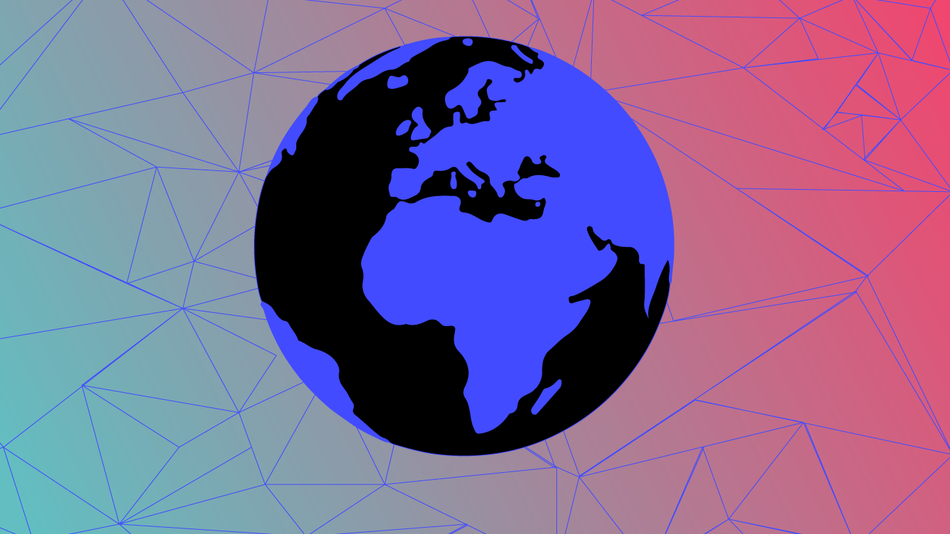 A globe in black and blue in front of a layer of connections and networks.
