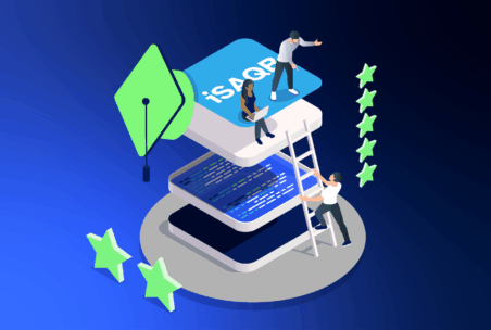 Eine grafische Illustration, die das iSAQB-Logo zeigt, umgeben von Programmiercodes und drei Personen. Eine person steht unten auf einer Leiter und eine weitere Person sitzt auf der obersten Schicht und arbeitet an einem Laptop, während die dritte person daneben steht und gestikuliert. Im Hintergrund sind grüne Sterne zu sehen.