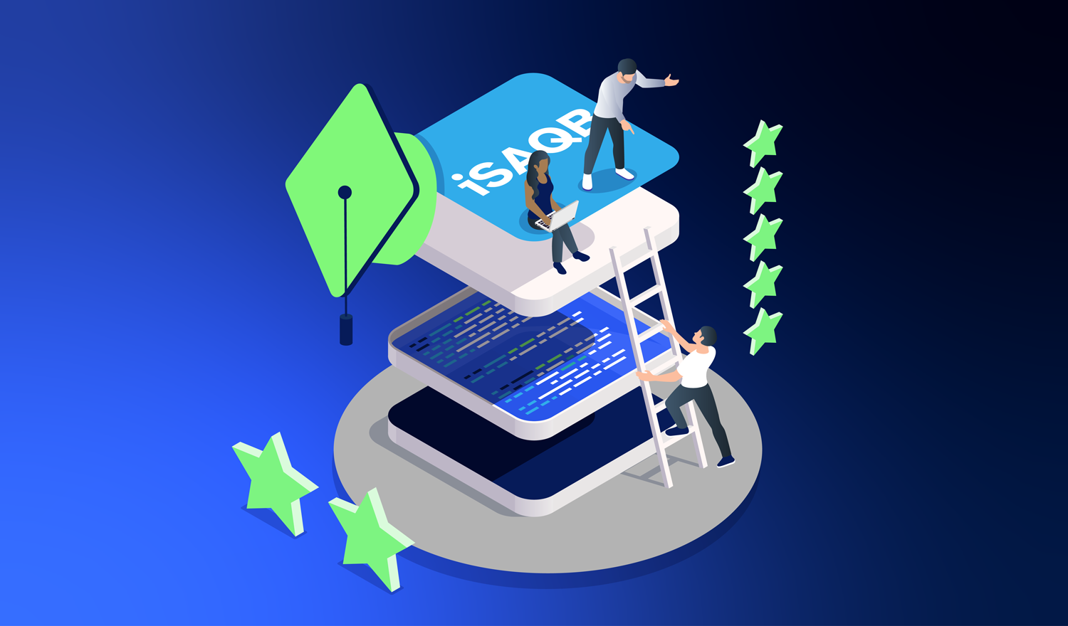 Eine grafische Illustration, die das iSAQB-Logo zeigt, umgeben von Programmiercodes und drei Personen. Eine person steht unten auf einer Leiter und eine weitere Person sitzt auf der obersten Schicht und arbeitet an einem Laptop, während die dritte person daneben steht und gestikuliert. Im Hintergrund sind grüne Sterne zu sehen.