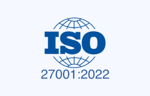 ISO 27001:2022 Logo, das die Einhaltung internationaler Standards für Informationssicherheitsmanagementsysteme zertifiziert.