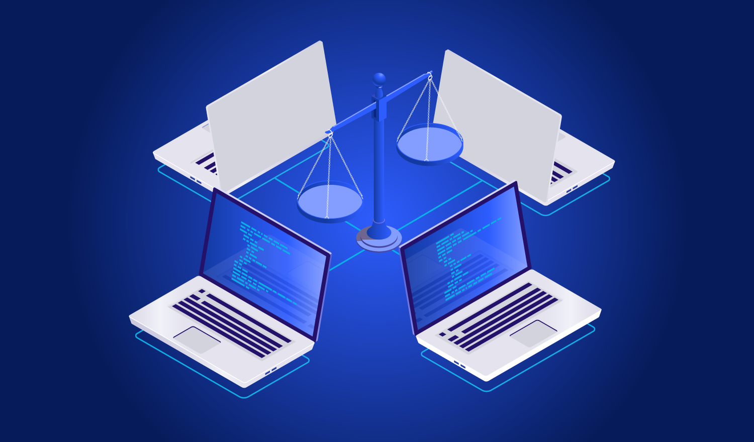 Vier Laptops mit KI-Programmen stehen um eine Gesetzeswaage