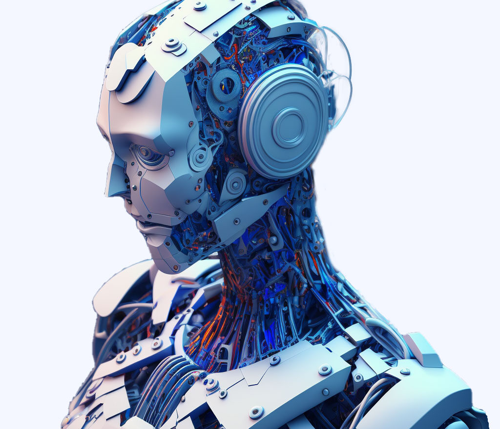 Von Midjourney erstelltes Portrait eines Androiden in Blautönen, das nach linked blickt. Gesicht und Kabel sind erkennbar.