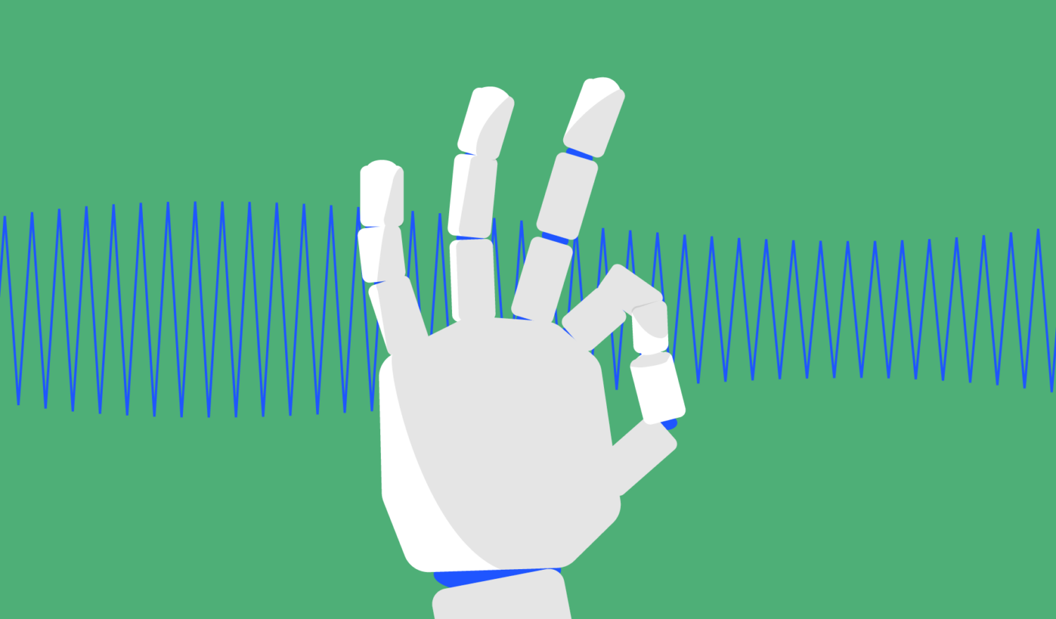 A robot hand closing thumb and index fingers with wavelengths in the background
