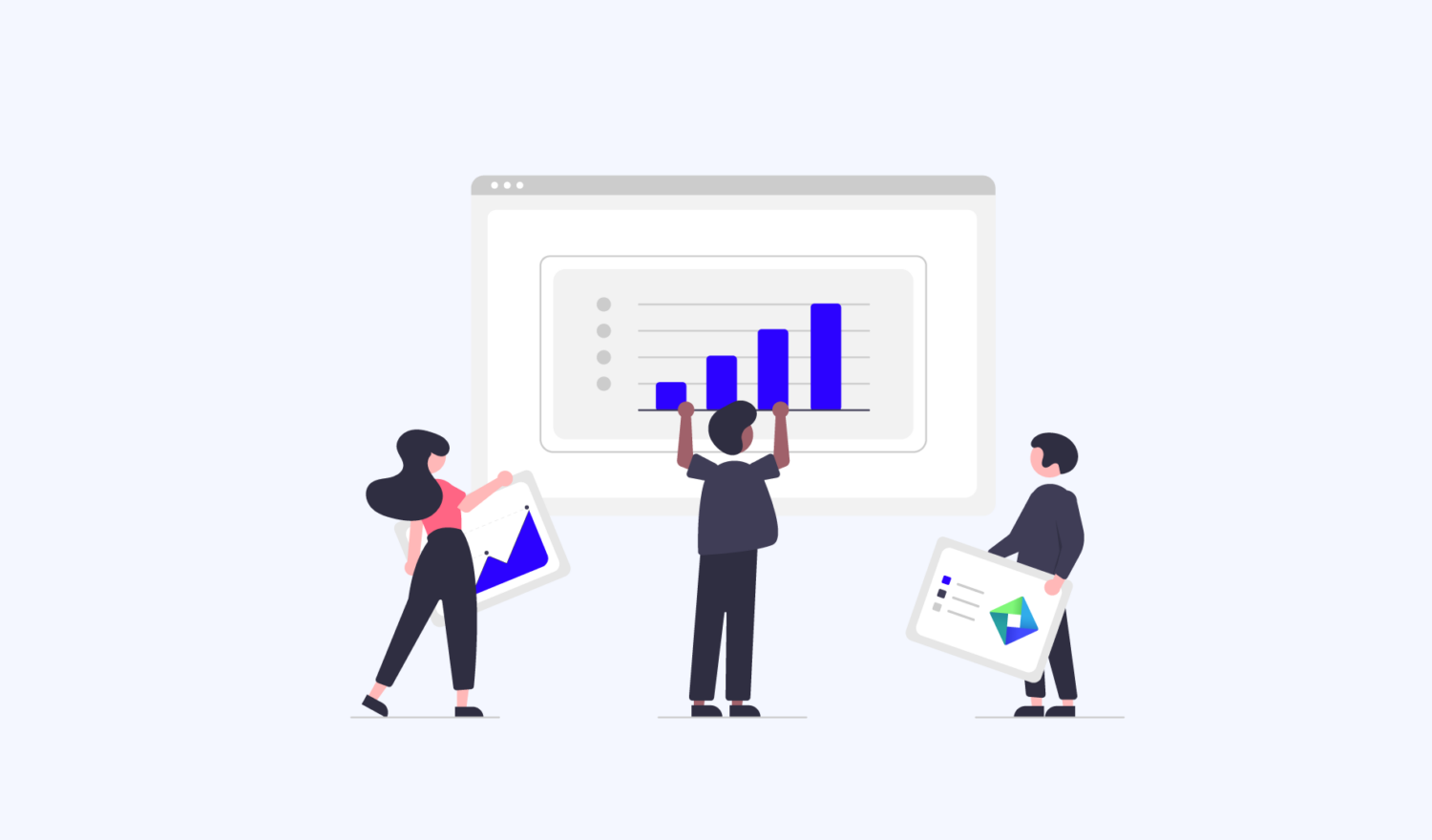 Grafische Darstellung von drei Personen, die vor einem großen Bildschirm stehen, auf dem ein Balkendiagramm angezeigt wird. Eine Person auf der linken Seite hält ein Bild mit einem Diagramm, während die Person in der Mitte beide Hände in die Luft hebt, um den Anstieg der Daten zu betonen. Die Person auf der rechten Seite hält ebenfalls ein Bild mit einer Grafik.