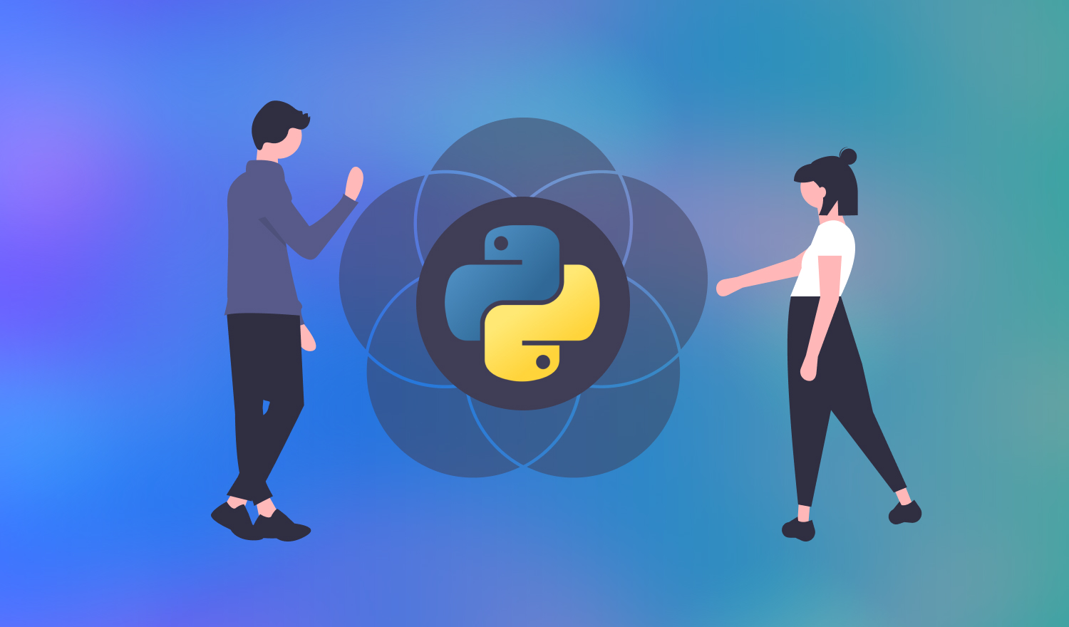 Zwei Personen berühren Venn-Diagramm mit Python-Logo in der Mitte