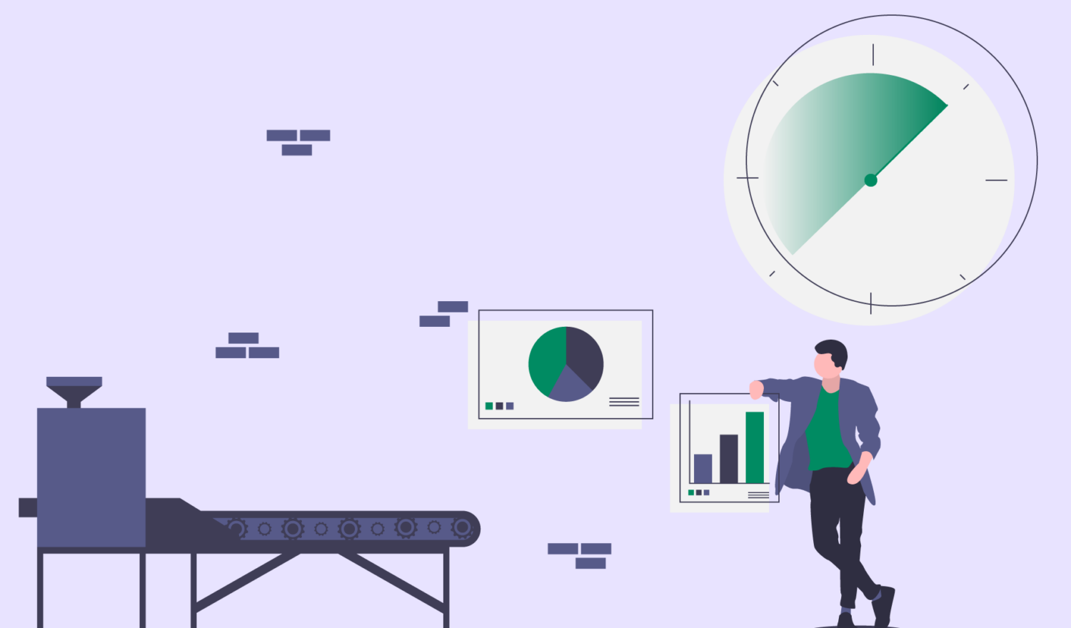 Survival analysis illustrated by a person standing next to a machine with a giant clock hovering above them.