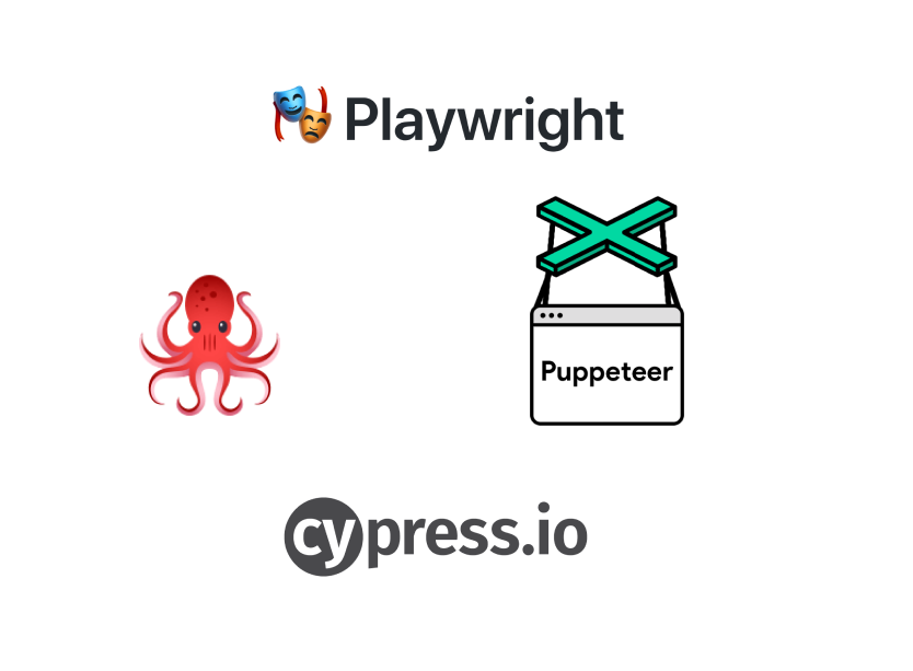 Testing frameworks and utility logos: Top Playwright, bottom Cypress, left Testing-Library and right Puppeteer