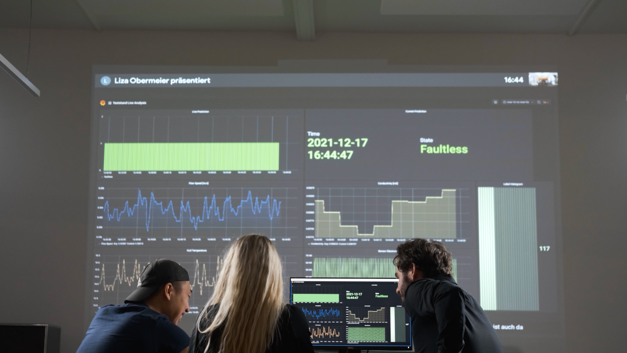 Eine Präsentation, die auf eine Wand projiziert wird. Die Darstellung zeigt verschiedene Grafiken und Diagramme zur Datenanalyse, einschließlich eines Zeitstempels (2021-12-17, 16:44:47) und dem Status 'Faultless'. Im Vordergrund sind drei Personen zu sehen, die die Präsentation aufmerksam verfolgen.